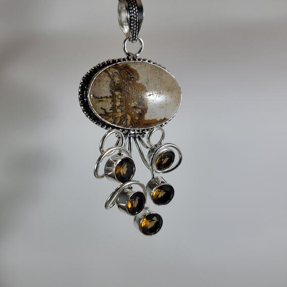 Picture Jasper Pendant – With Smoky Quartz Accent + 20" Silver Snake Chain - Picture 1 of 10